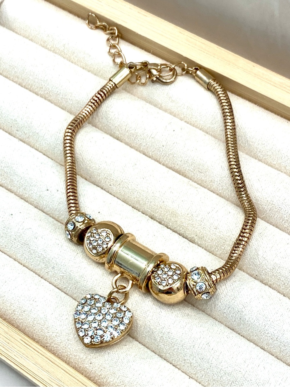 Gold Heart Charm Bracelet Pave Crystal Rhinestone Snake Chain European Slider